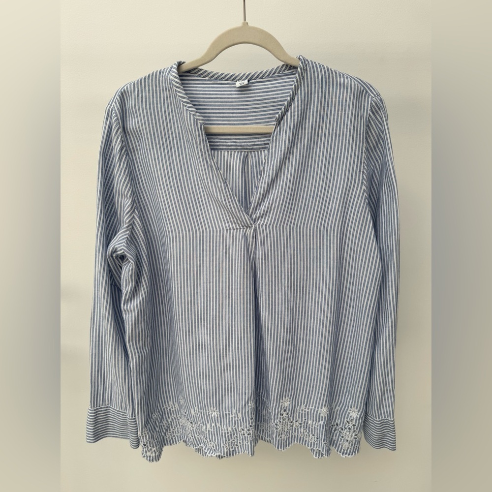 Old Navy Blue & White Striped Eyelet-Hem Blouse, Size L